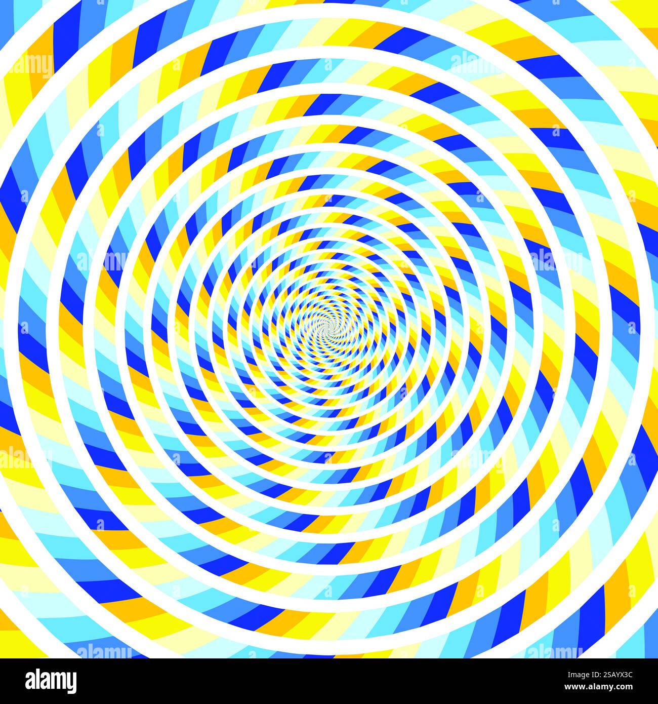 Sfondo a spirale, illusione ottica del movimento, illustrazione vettoriale in stile art, geometrica astratta colorata, colori blu, bianco e giallo, ukrain Illustrazione Vettoriale