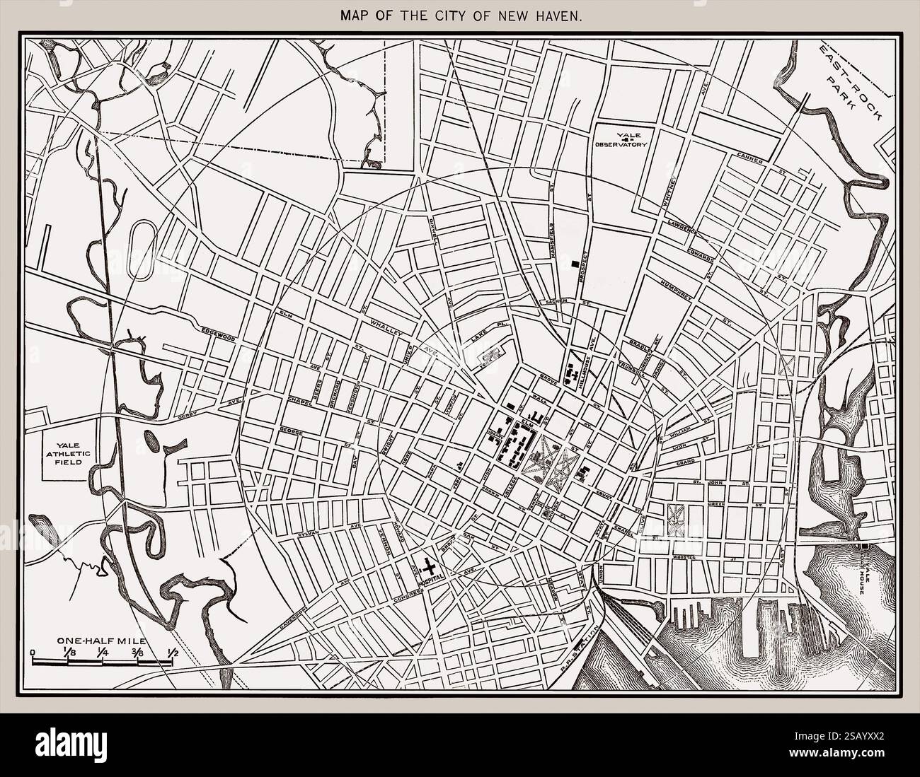 Mappa della città di New Haven 1892. Si tratta di una riproduzione migliorata e restaurata di una mappa dettagliata del 1892 dell'intricato tracciato stradale di New Haven, Connecticut, che evidenzia le strade principali, le caratteristiche geografiche e gli edifici della Yale University. Foto Stock