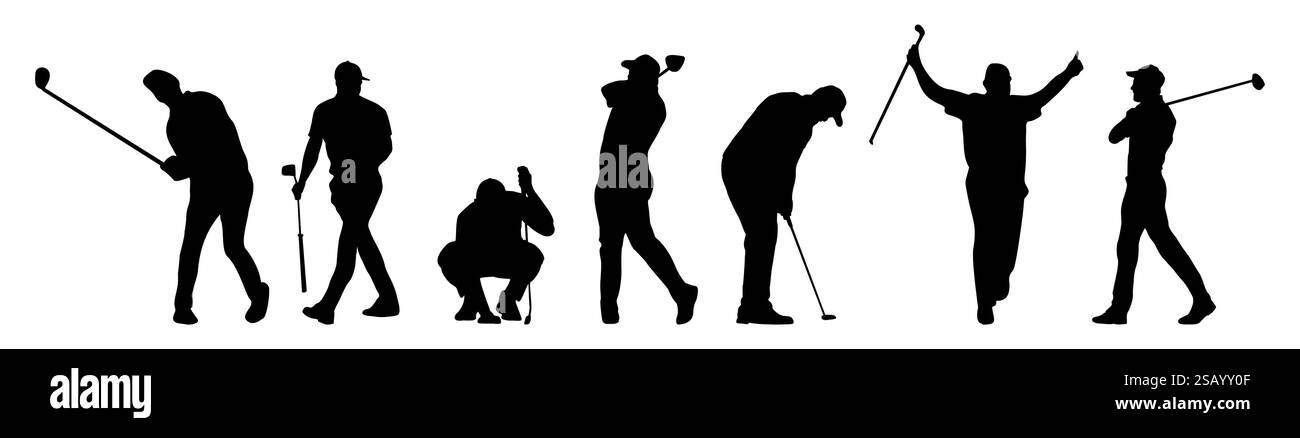Set di giocatori di golf professionisti con silhouette nere Illustrazione Vettoriale