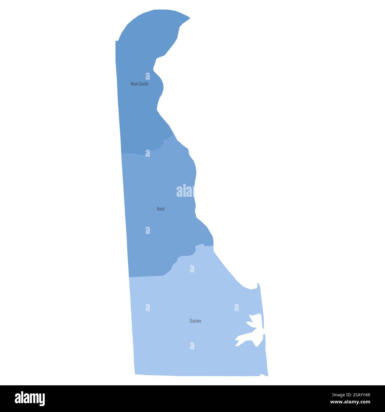 Delaware, DE - dettagliata mappa politica dello stato degli Stati Uniti. Mappa amministrativa divisa in contee. Mappa blu con le etichette del nome della contea. Illustrazione vettoriale Illustrazione Vettoriale