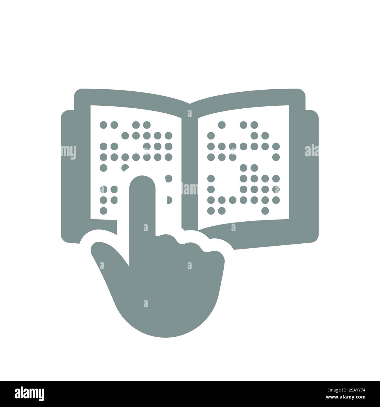 Mano a leggere un libro in braille. Apri libro per non vedenti, icona del vettore alfabetico tattile. Illustrazione Vettoriale