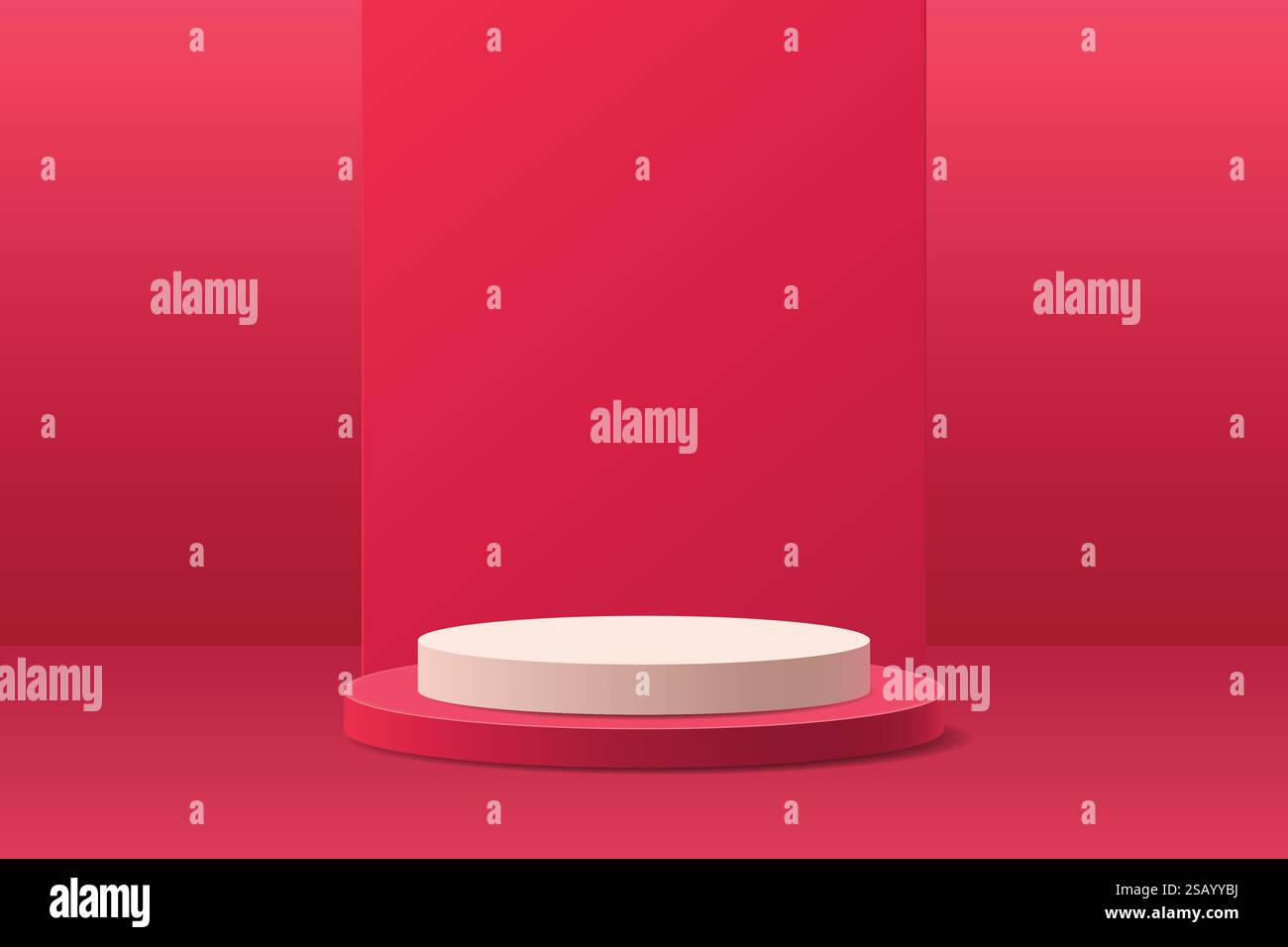 Realistico podio a piedistallo per cilindri 3D rosso e bianco con sfondo a forma di cuore della finestra. Scenografia minimale di San Valentino per la vetrina dei prodotti Illustrazione Vettoriale