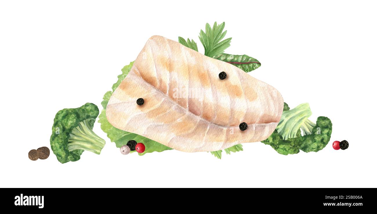 Filetto di pesce bianco al vapore con broccoli, erbe aromatiche e peperoni neri sfondo isolato con foto ad acquerello. Piatto proteico sano Foto Stock