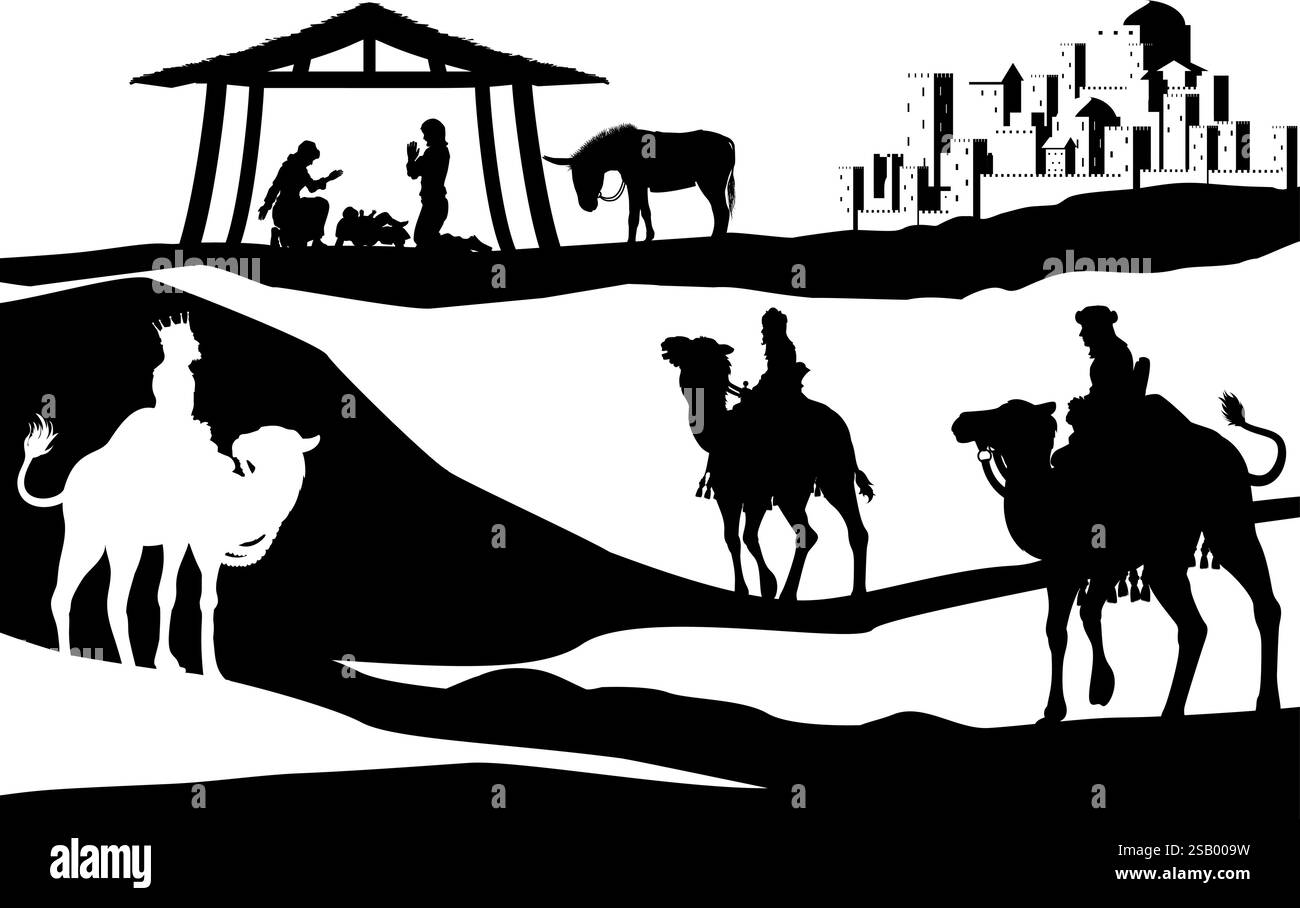 Presepe natalizio Bethlehem Manger Wise Men Illustrazione Vettoriale