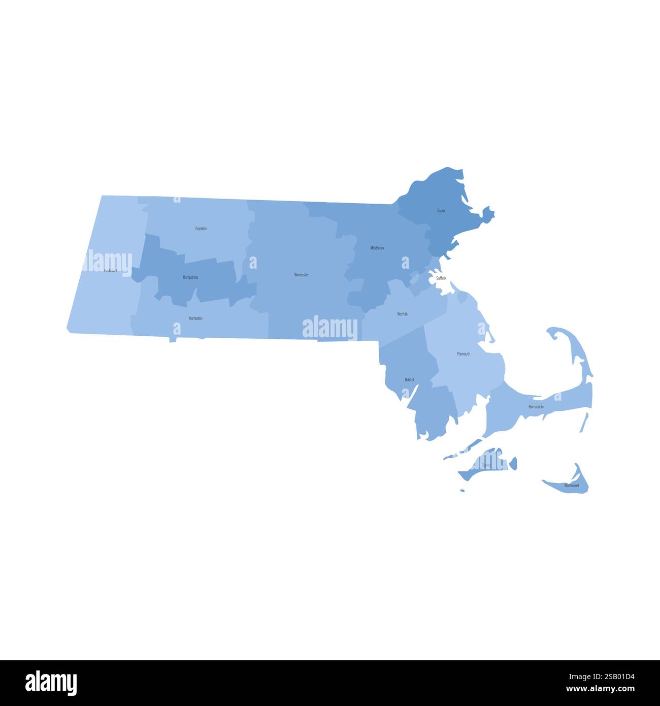 Massachusetts, ma - Mappa politica dettagliata dello stato degli Stati Uniti. Mappa amministrativa divisa in contee. Mappa blu con le etichette del nome della contea. Illustrazione vettoriale Illustrazione Vettoriale