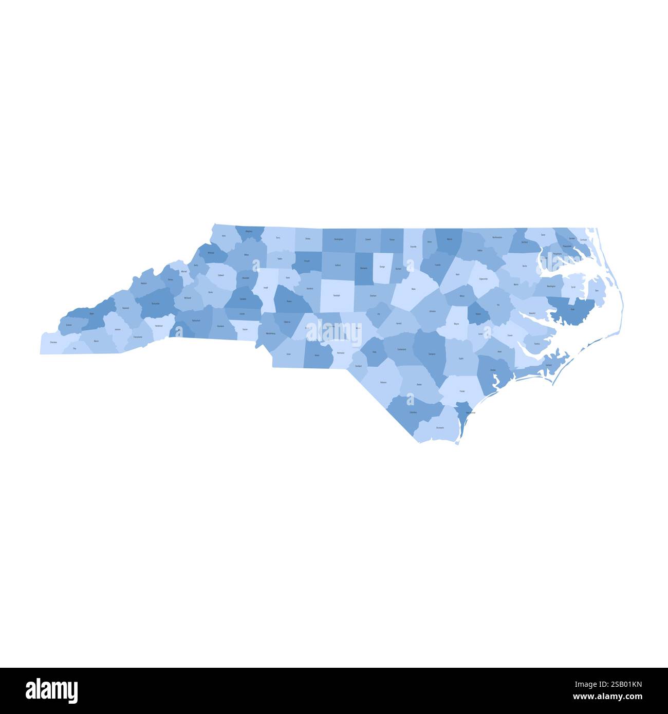 North Carolina, NC - Mappa politica dettagliata dello stato degli Stati Uniti. Mappa amministrativa divisa in contee. Mappa blu con le etichette del nome della contea. Illustrazione vettoriale Illustrazione Vettoriale