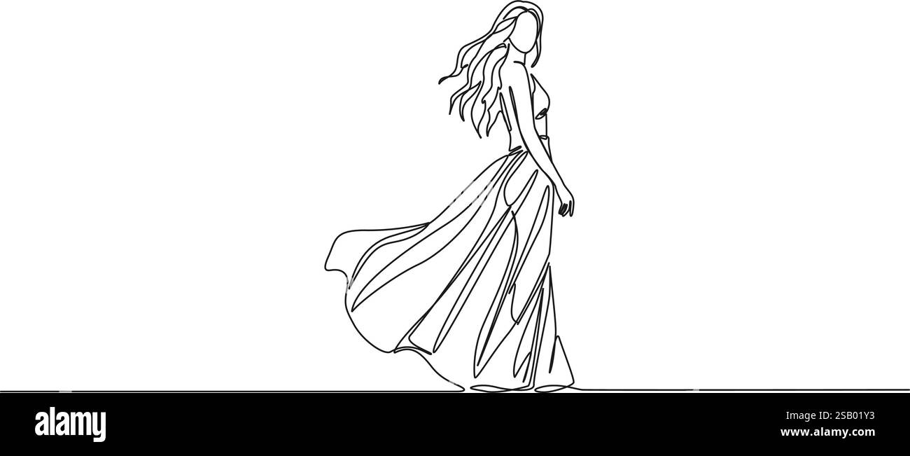 disegno continuo a linea singola di una giovane donna in abito lungo, illustrazione vettoriale di arte di linea Illustrazione Vettoriale
