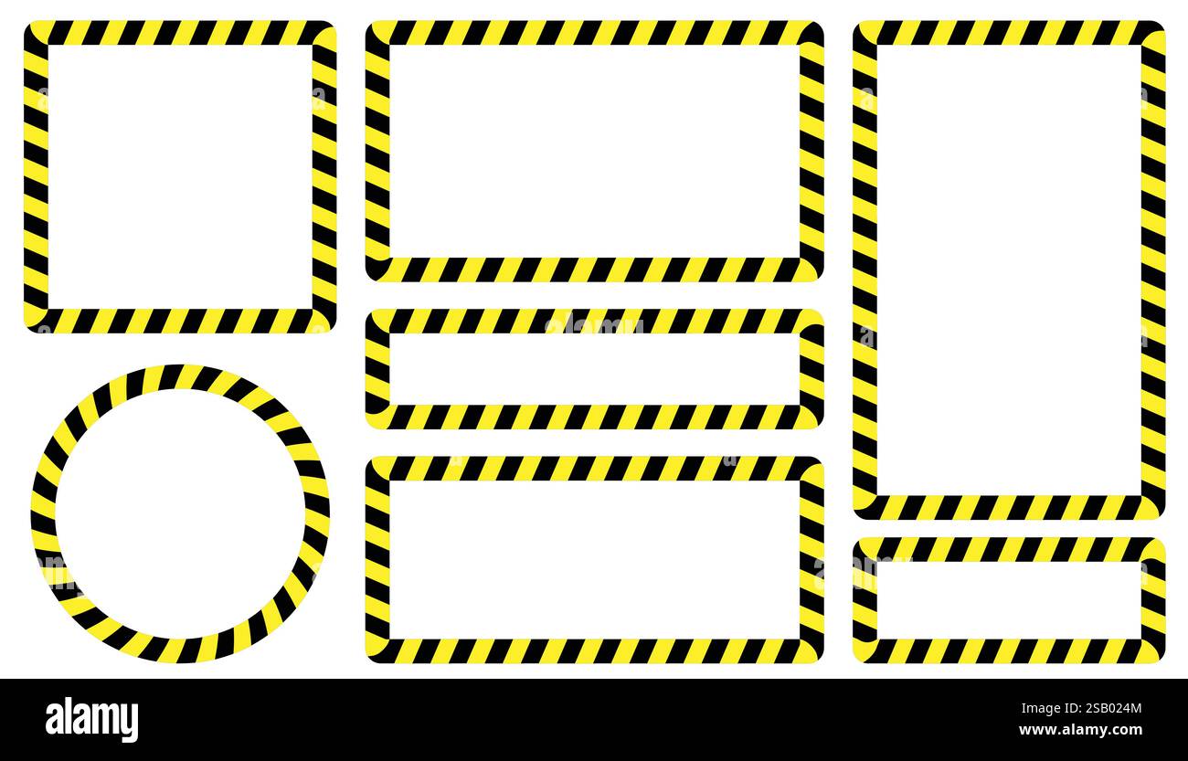 Cornice con strisce di avvertenza, avvertenza di prestare attenzione, potenziale pericolo, strisce gialle e nere sulla diagonale, bordo del cartello modello giallo e nero. Illustrazione Vettoriale