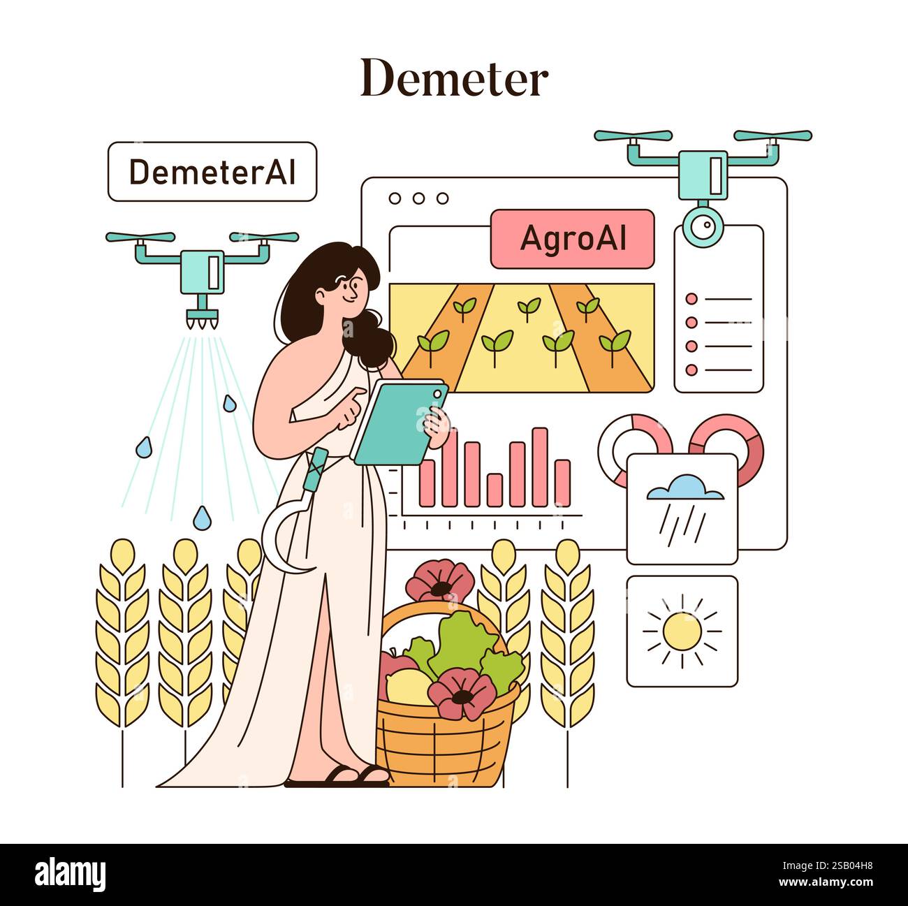 Olympic Gods Synergy intelligenza artificiale. Demeter supervisiona l'agricoltura attraverso l'intelligenza artificiale avanzata, segnalando la fusione della mitologia con la tecnologia moderna. Agricoltura intelligente e guida divina. Illustrazione vettoriale. Illustrazione Vettoriale