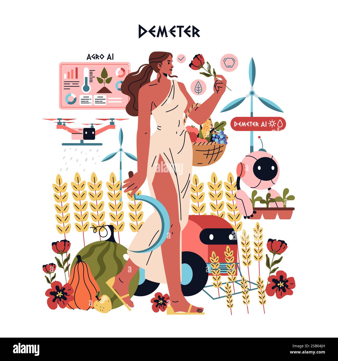 Olympic Gods Synergy intelligenza artificiale. Demeter raffigurato con la moderna tecnologia agricola, mescolando tradizione e innovazione. Il mito incontra l'agricoltura moderna. Illustrazione vettoriale. Illustrazione Vettoriale