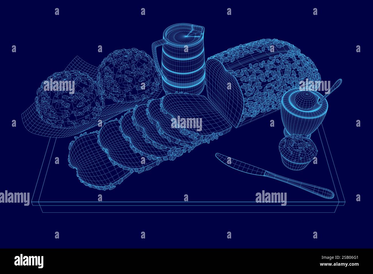 Immagine blu di un tavolo con un coltello e un cucchiaio, e un piatto di pane e altri alimenti Illustrazione Vettoriale