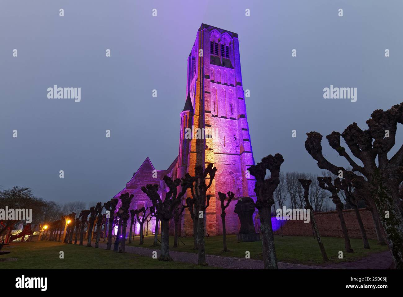 Chiesa gotica di nostra Signora, Onze-lieve-Vrouwekerk, colorata illuminata, crepuscolo, Damme, Fiandre occidentali, Fiandre, Belgio, Europa Foto Stock