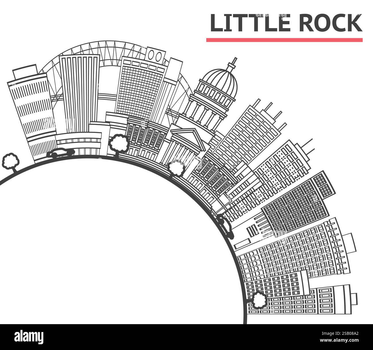 Delinea lo skyline della città di Little Rock, Arkansas, con edifici moderni e spazio di copia isolato su White. Illustrazione vettoriale. Little Rock USA. Illustrazione Vettoriale
