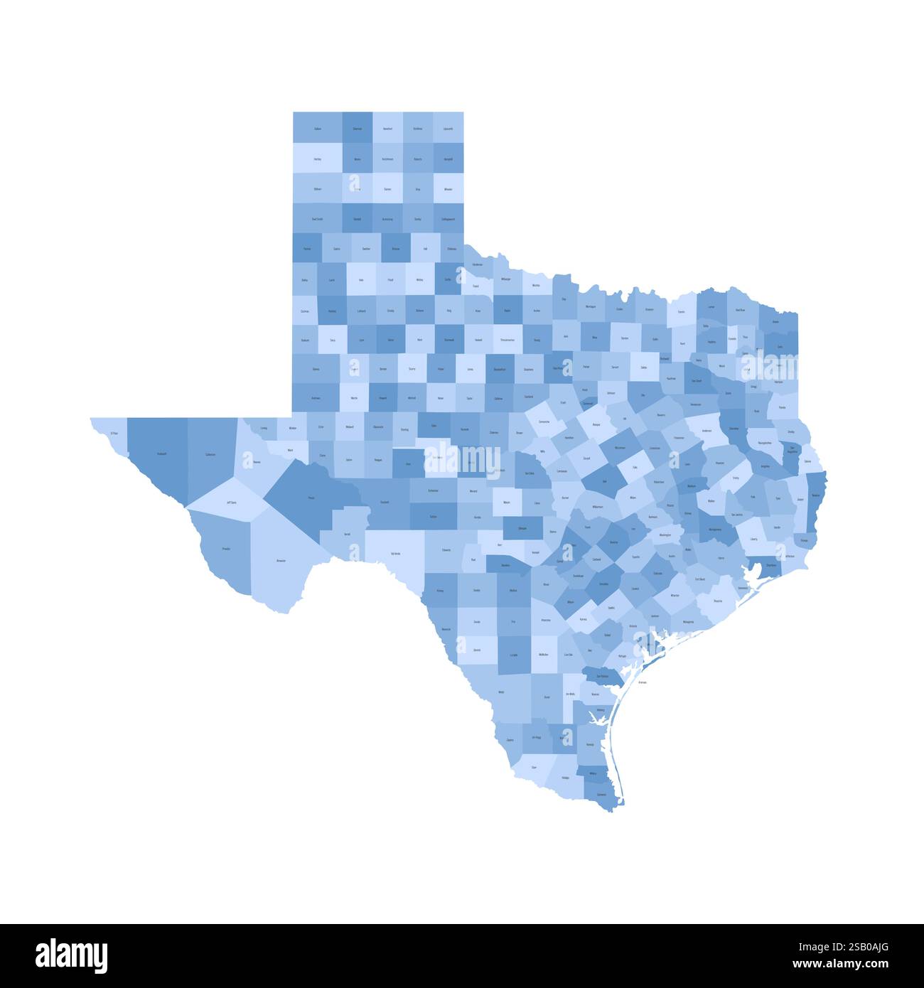 Texas, TX - Mappa politica dettagliata dello stato degli Stati Uniti. Mappa amministrativa divisa in contee. Mappa blu con le etichette del nome della contea. Illustrazione vettoriale Illustrazione Vettoriale