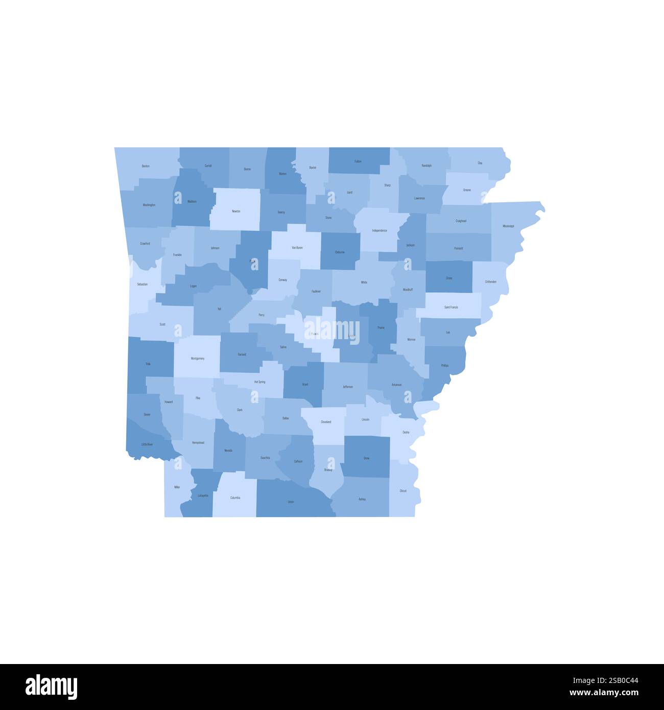 Arkansas, AR - Mappa politica dettagliata dello stato degli Stati Uniti. Mappa amministrativa divisa in contee. Mappa blu con le etichette del nome della contea. Illustrazione vettoriale Illustrazione Vettoriale