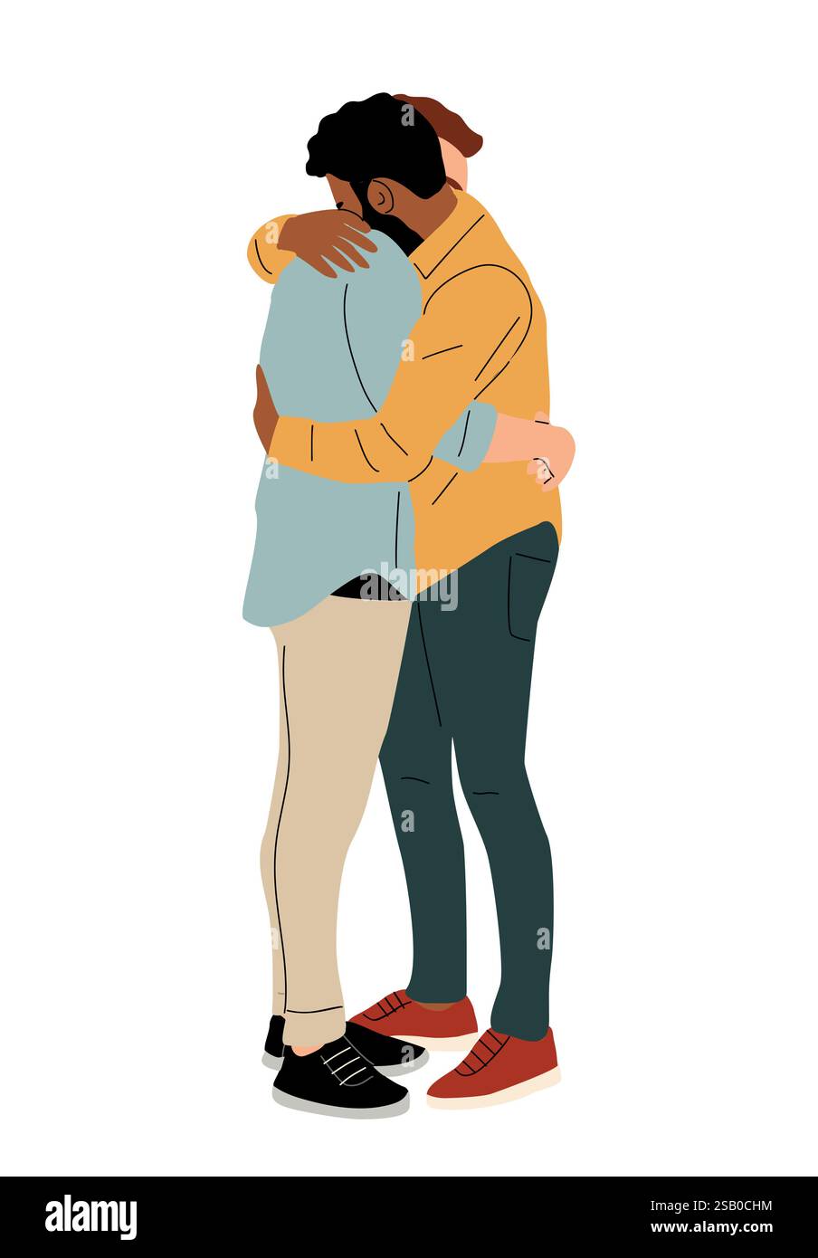 Abbracciare gli uomini interrazziali LGBT coppia innamorata. Illustrazione Vettoriale