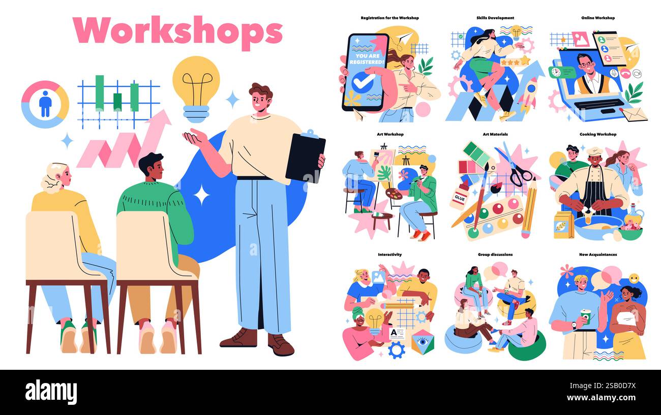 I workshop offrono diverse esperienze di apprendimento che coinvolgono i partecipanti nella creatività, nello sviluppo delle competenze e nella creazione di comunità. Dalle sessioni d'arte alle lezioni di cucina, esplora nuove conoscenze. Illustrazione vettoriale. Illustrazione Vettoriale