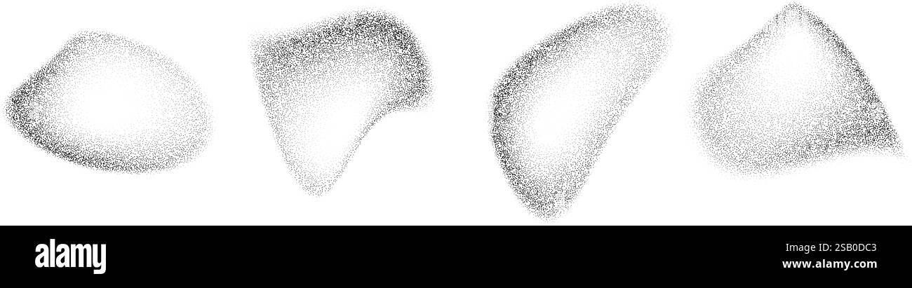 Sfumatura delle forme sfumate tratteggiate. Set di oggetti liquidi stippled neri. Macchie e macchie di spray granuloso. Si formano schizzi e schizzi di rumore. Dissolvere la consistenza della polvere di sabbia. Elementi mezzitoni fluidi vettoriali Illustrazione Vettoriale