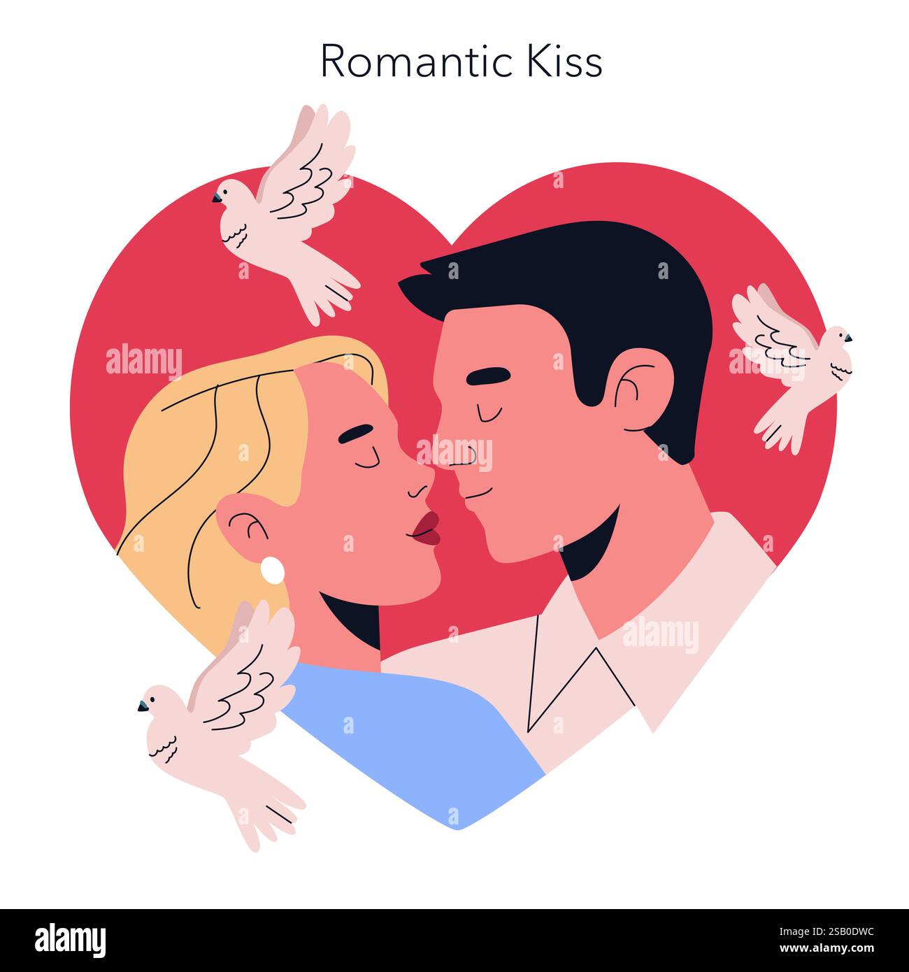 Un'emozionante illustrazione mostra un bacio amorevole di coppia, con le colombe nelle vicinanze che simboleggiano l'amore e il romanticismo Illustrazione Vettoriale