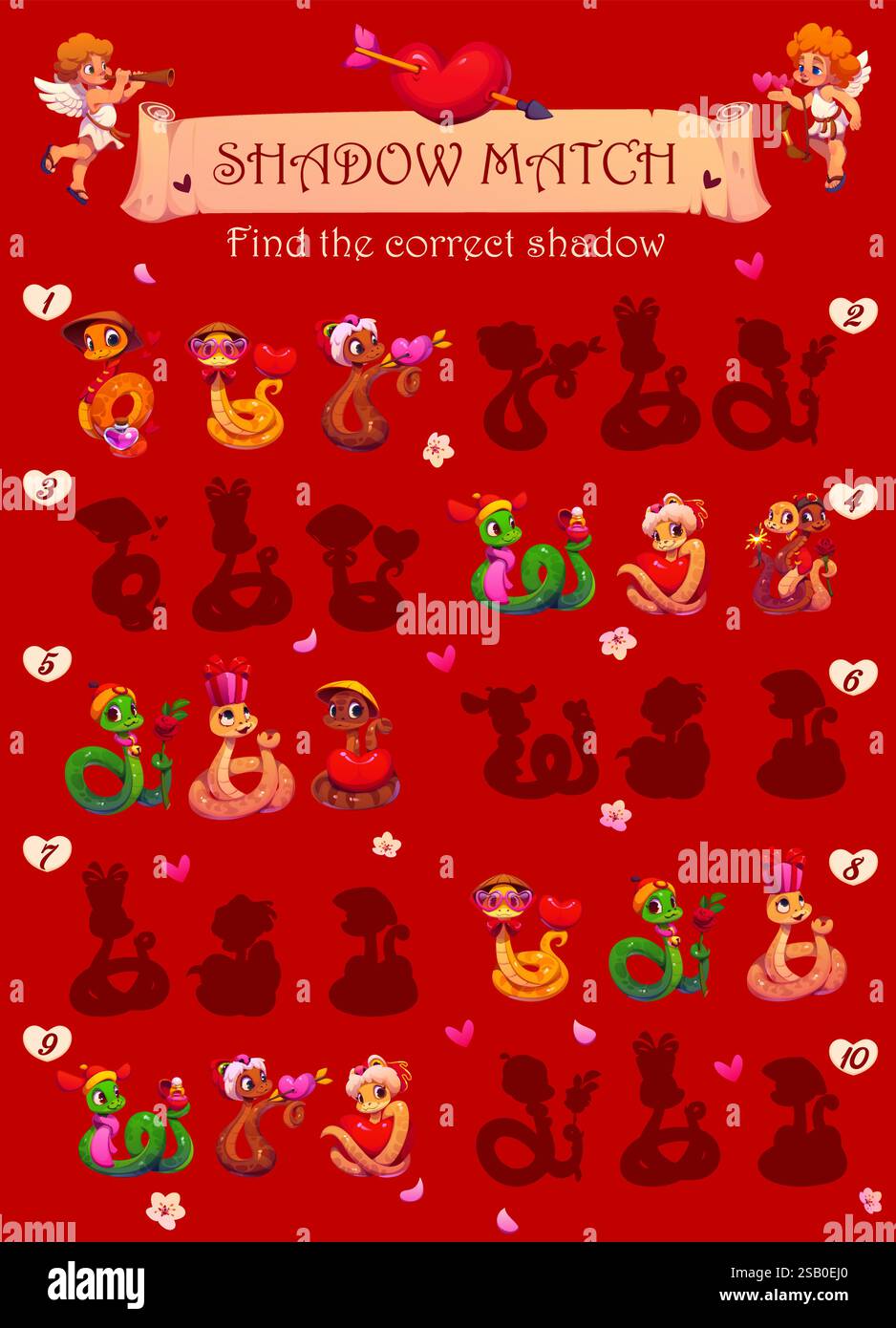 Foglio di lavoro del gioco Shadow Match con serpenti diurni valentini. Puzzle per bambini con simpatici serpenti che reggono cuori, rose o regali su sfondo rosso con decorazioni romantiche e cherubini Illustrazione Vettoriale