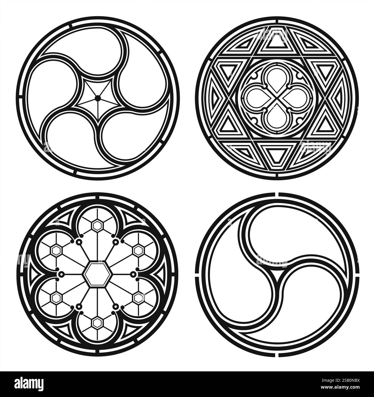 Set di sagome delle finestre gotiche rotonde della cattedrale Illustrazione Vettoriale