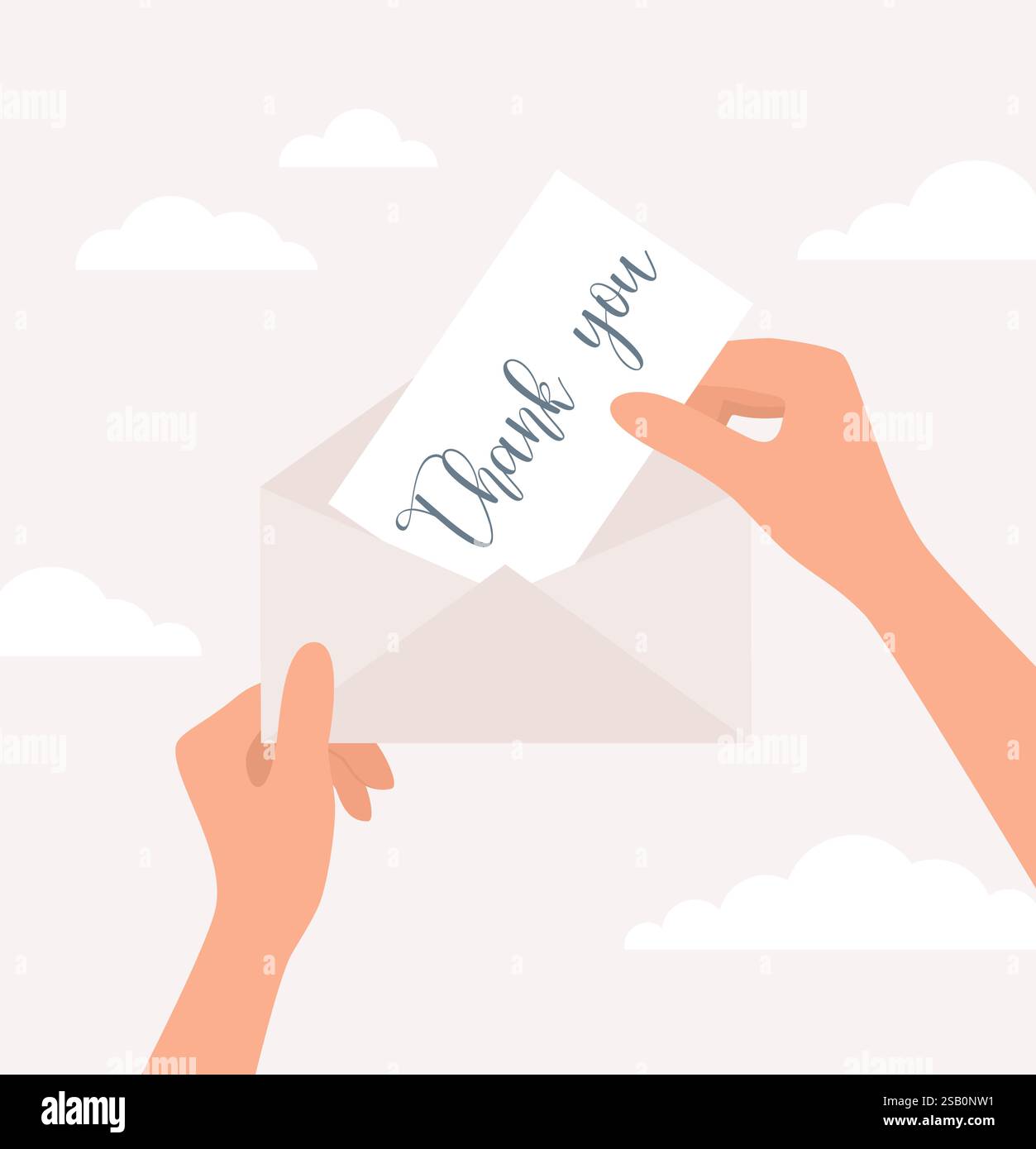 Mani che mettono o tolgono una busta aperta una cartolina con testo scritto a mano Grazie. Illustrazione vettoriale piatta Illustrazione Vettoriale