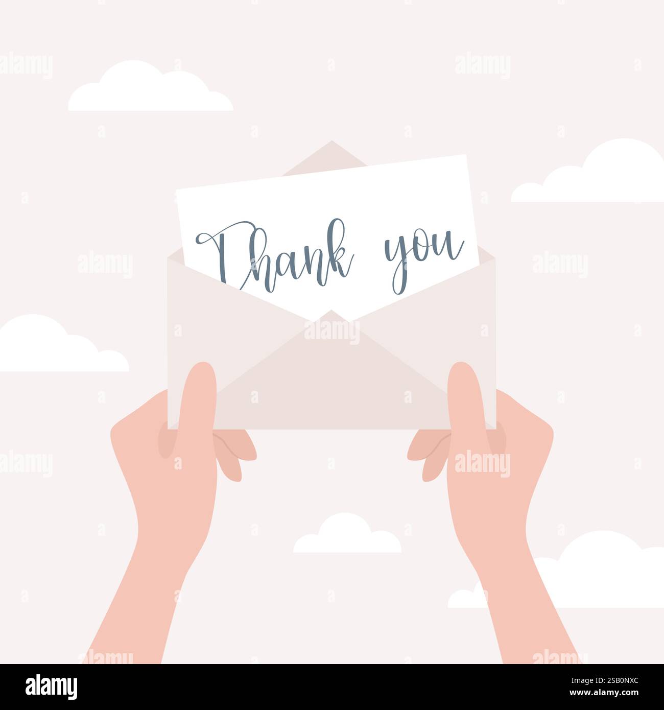Mani femminili che tengono una busta aperta con una cartolina all'interno, testo scritto a mano Grazie sulla cartolina. Illustrazione vettoriale piatta in colori pastello Illustrazione Vettoriale