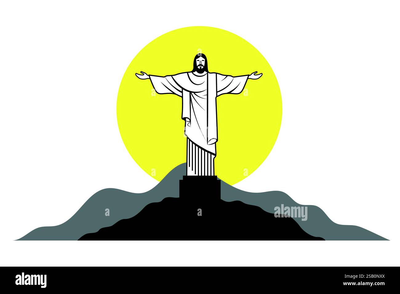 Arte in linea nera della statua del Cristo Redentore in cima al monte Corcovado a Rio de Janeiro Illustrazione Vettoriale