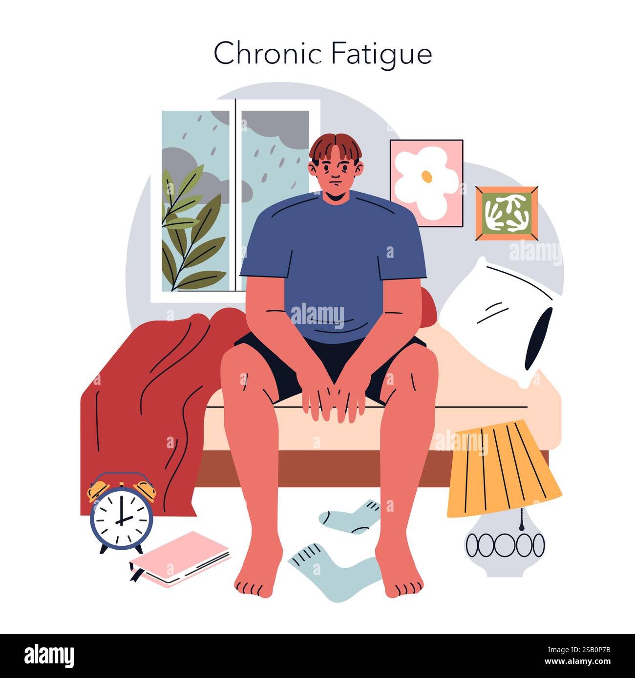 Concetto di Burnout. Un uomo siede su un letto che trasmette sentimenti di stanchezza cronica circondati da disordine. Temi di stanchezza e salute mentale. Illustrazione vettoriale. Illustrazione Vettoriale