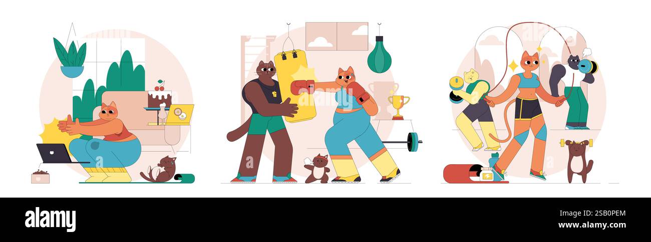 Percorso fitness raffigurato attraverso diversi personaggi dei cartoni animati che si esercitano in un ambiente di palestra. Varie attività di allenamento evidenziano la motivazione, la comunità e la crescita personale. Atmosfera coinvolgente e divertente. Illustrazione Vettoriale