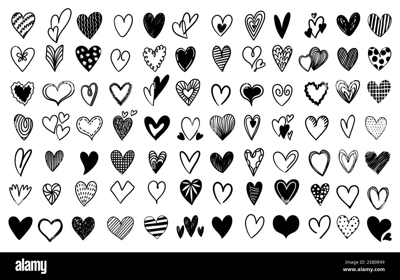 Molte icone a forma di cuore disegnate a mano formano una grande collezione di simboli perfetti per san valentino, matrimonio o qualsiasi evento legato all'amore Illustrazione Vettoriale