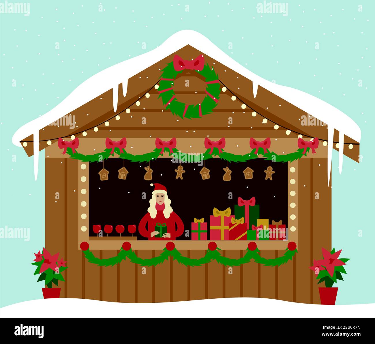 Padiglione del mercatino di Natale con confezioni regalo di mele e pani di zenzero. Mercato all'aperto in strada a dicembre {mas Fair. illustrazione vettoriale piatta. Illustrazione Vettoriale