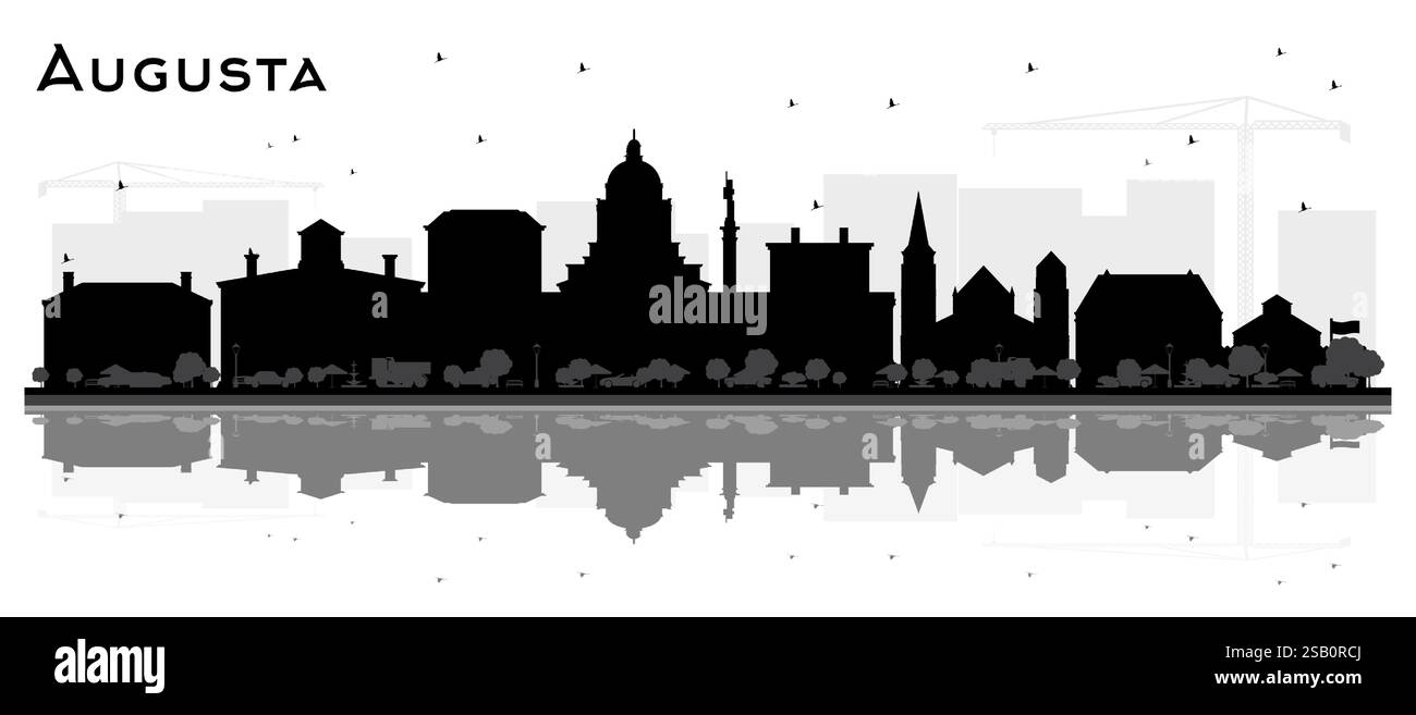 Profilo Augusta, Maine City, con edifici neri e riflessi isolati sul bianco. Illustrazione vettoriale. Illustrazione Vettoriale