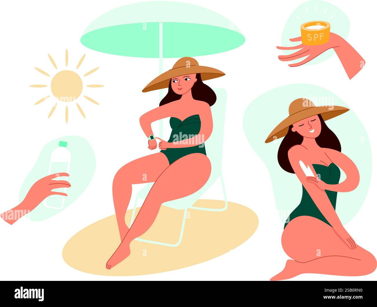 Consigli di sicurezza per l'abbronzatura. USA un cappello, crema solare, ombra. Protezione della pelle dal sole sulla spiaggia. Set di vettori piatti Illustrazione Vettoriale
