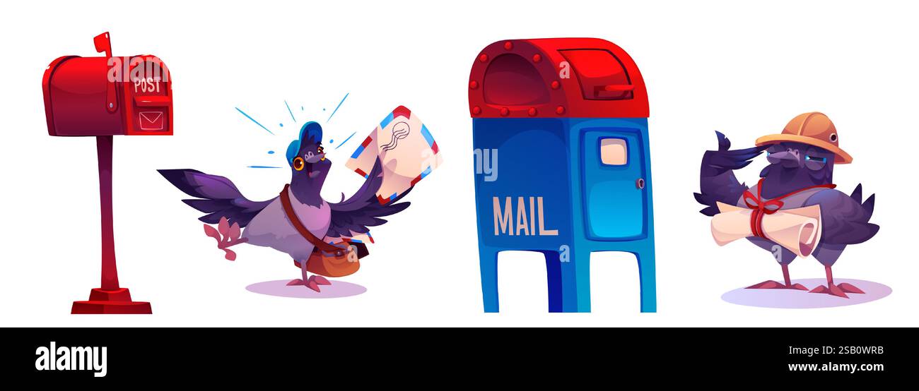 Carrier Pigeon personaggi cartoni animati con cassetta postale - fumetto uccellino grigio che consegna lettere busta e rotolo, casella postale residenziale rossa, cassetta postale blu. Elementi carini del servizio postale. Illustrazione Vettoriale