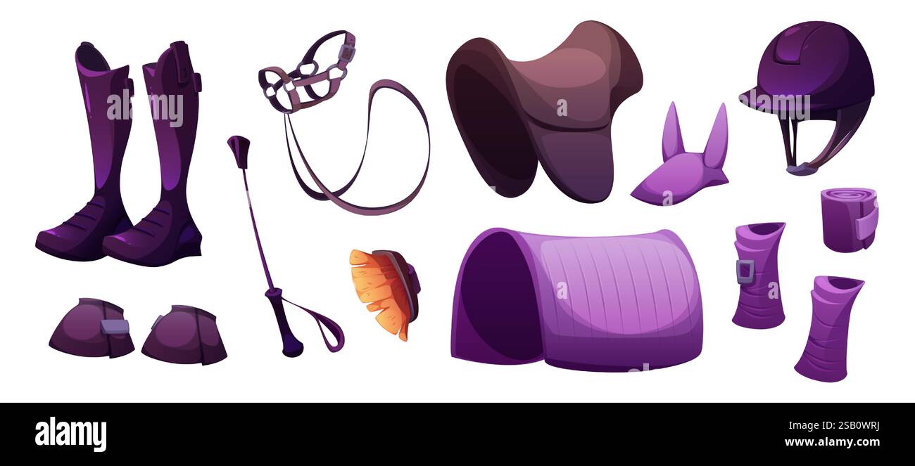 Collezione di attrezzature equestri: Stivali viola, briglia in pelle, sottosella, casco protettivo, bende, spazzola, protezioni ginocchia, cofano per orecchie di cavallo. Set di attrezzature sportive professionali per l'allenamento a cavallo Illustrazione Vettoriale