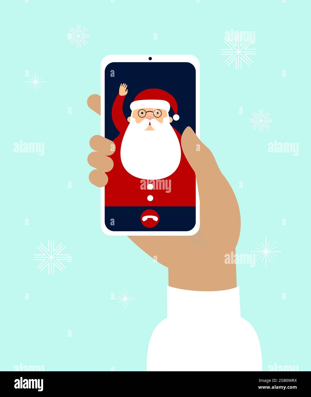 Smartphone in mano. Videochiamata con Babbo Natale. Illustrazione piatta vettoriale Illustrazione Vettoriale