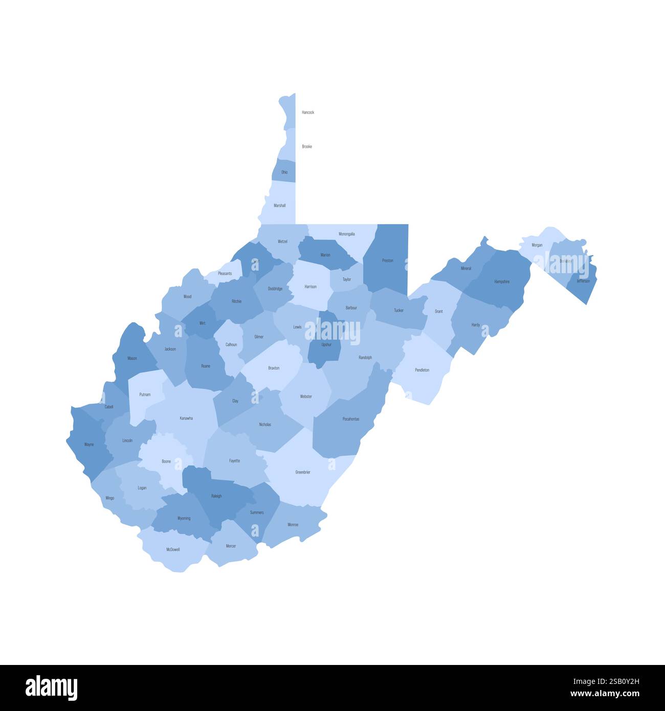 West Virginia, WV - Mappa politica dettagliata dello stato degli Stati Uniti. Mappa amministrativa divisa in contee. Mappa blu con le etichette del nome della contea. Illustrazione vettoriale Illustrazione Vettoriale