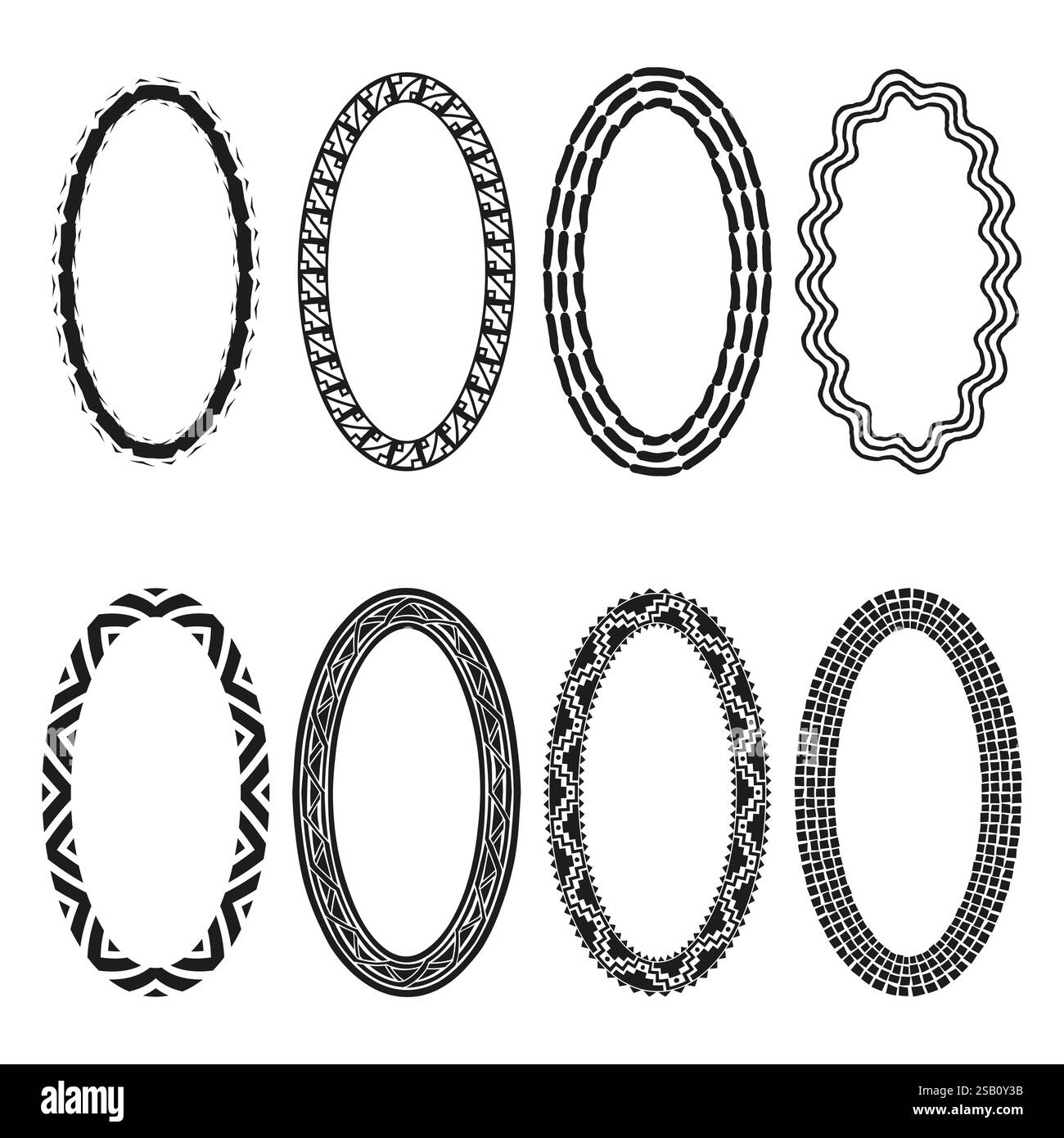 Cornici ovali decorative. Contorni vettoriali astratti. Motivi neri artistici. Forme ovali simmetriche. Illustrazione Vettoriale