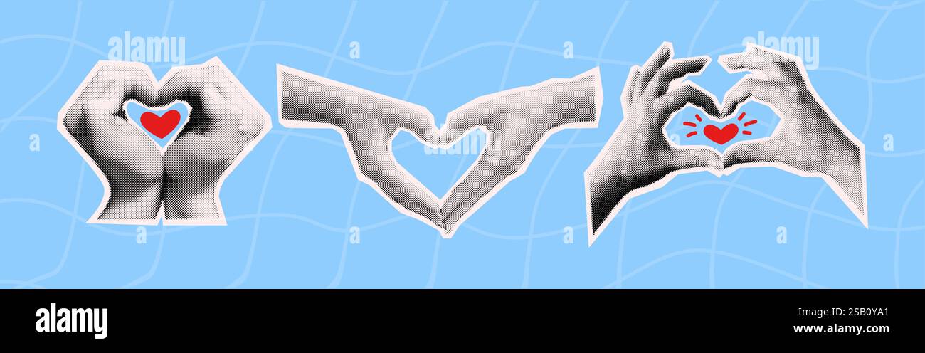 Le mani si uniscono formando silhouette a cuore collage vettoriale set di illustrazioni mezzitoni. Connessione emotiva unità e carità su sfondo blu Illustrazione Vettoriale Le mani si uniscono formando silhouette a cuore collage vettoriale set di illustrazioni mezzitoni. Connessione emotiva unità e carità su sfondo blu Illustrazione Vettoriale