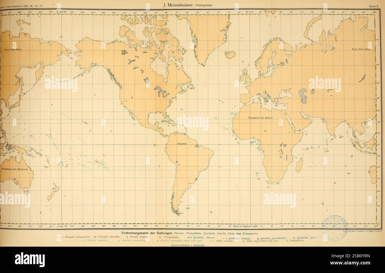 Wissenschaftliche Ergebnisse der Deutschen Tiefsee-Expedition auf dem Dampfer 'Valdivia' 1898-1899 Jena, G. Fischer, 1902-40. Deutsche Tiefsee-Expedition 1898-1899 Marine Animals Scientific Expeditions Valdivia Ship Voyages Around the World Pteropoda Sea Snails Sea Slugs, Una mappa dettagliata del mondo con vari continenti e regioni oceaniche delineata con una griglia che fornisce una chiara rappresentazione dei confini geografici. La mappa include annotazioni in più lingue, che indicano varie caratteristiche geografiche e aree degne di nota. Regioni come Nord America, Sud America, Europa, Africa, Foto Stock