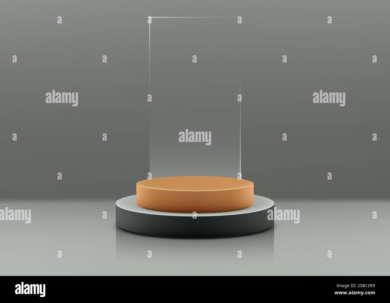 Podio 3D minimalista nei toni arancione e grigio con superfici riflettenti e un sottile pannello trasparente. Perfetto per espositori di prodotti moderni, mockup e Illustrazione Vettoriale