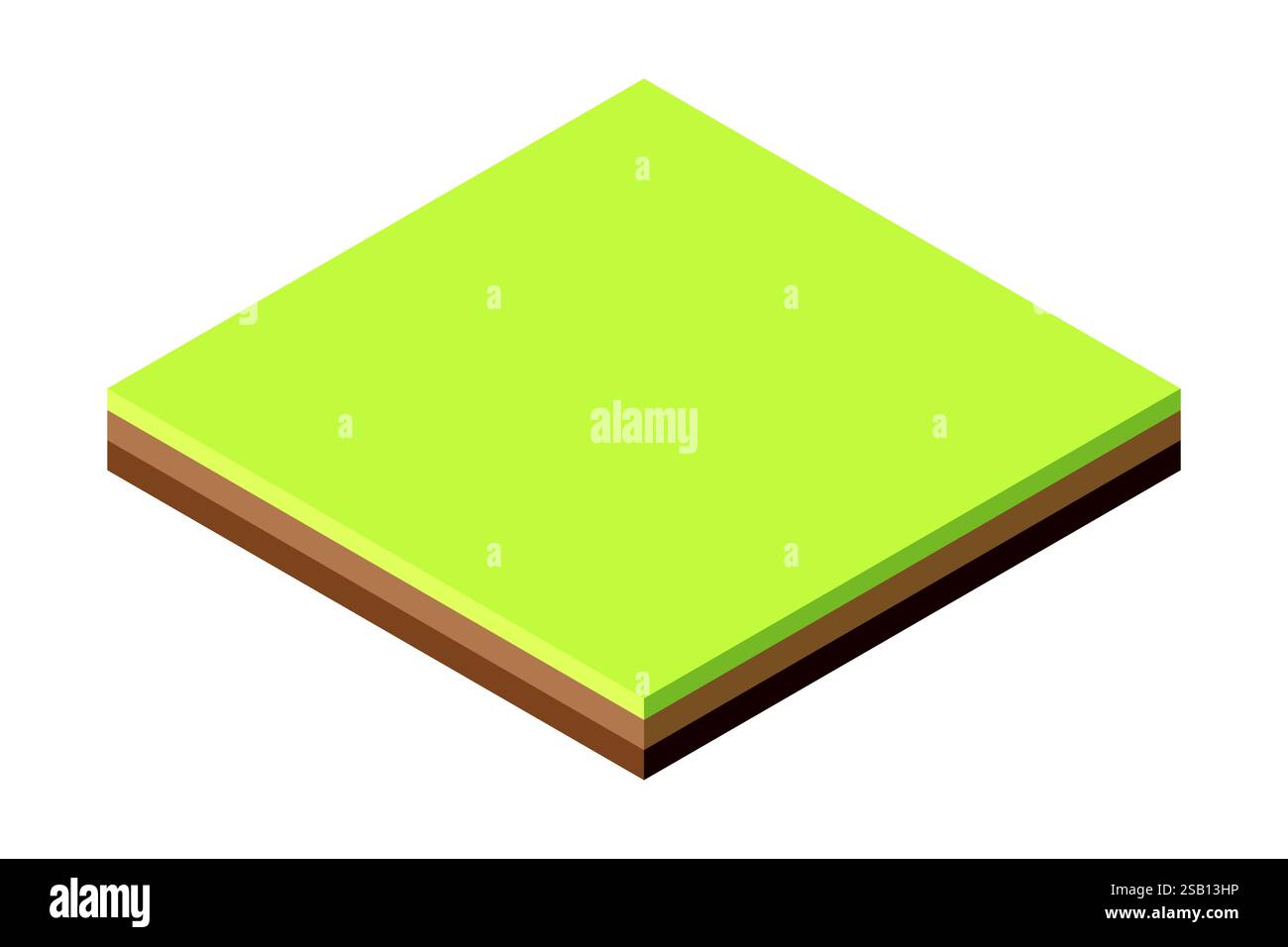 Terreno quadrato isometrico con erba verde. Terreno con strati. Terreno in giardino o pianeggiante. Illustrazione vettoriale isolata su sfondo bianco. Illustrazione Vettoriale