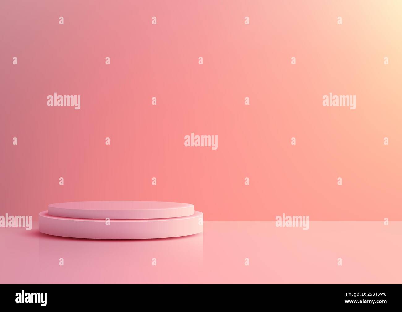 Podio 3D rosa minimalista con due livelli su uno sfondo sfumato. La superficie lucida riflette una luce soffusa, perfetta per l'esposizione di prodotti, showroom, Illustrazione Vettoriale