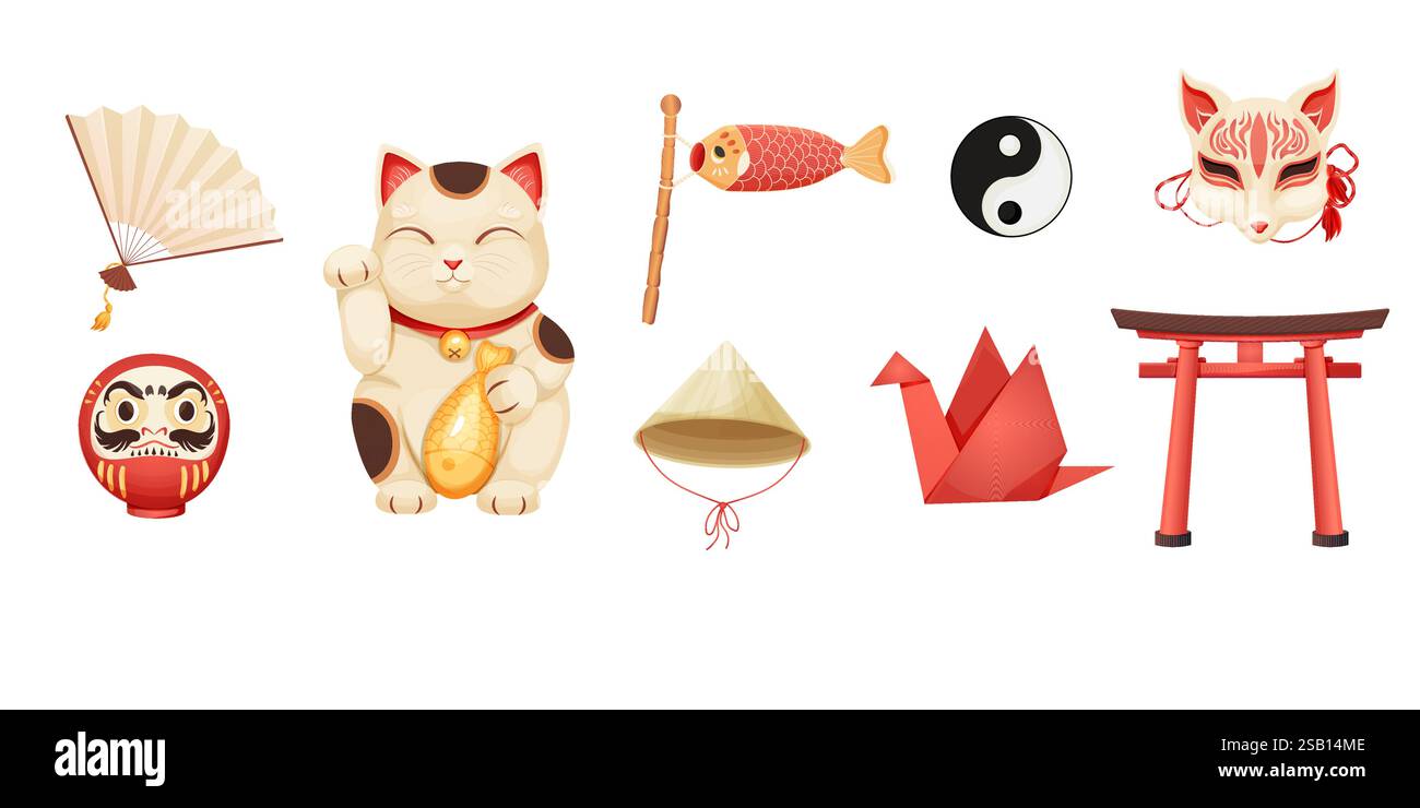 Giappone con elementi tradizionali, albero bonsai, bandiera koinobori, divertimento, gatto maneki neko, gru origami e teiera con tazze da tè isolate su sfondo bianco. Illustrazione vettoriale Illustrazione Vettoriale