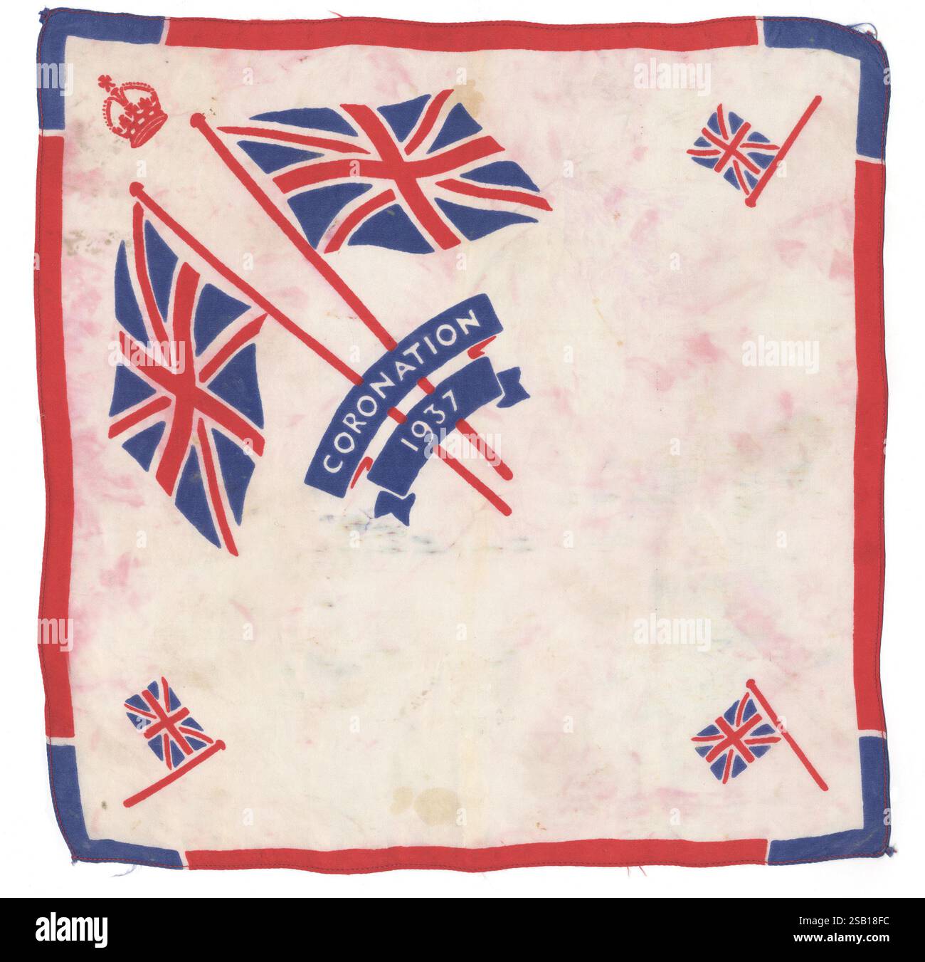 1937 Gran Bretagna incoronazione di Giorgio vi. Fazzoletto di seta come souvenir stampato con union jack, e la data in rosso e blu . Cimeli reali d'epoca e una sopravvivenza rara per un oggetto così fragile. Foto Stock