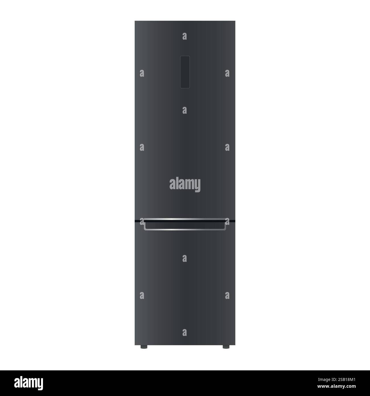 Un moderno frigorifero nero dal design minimalista e un congelatore sul fondo Illustrazione Vettoriale
