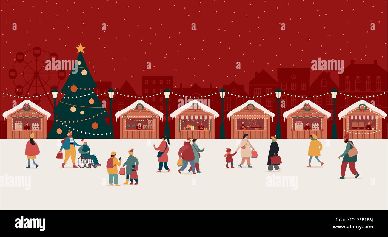 Tradizionale mercatino di Natale. Fiera di Natale. Famiglia, persone, acquistare dolcetti, divertirsi, fare shopping, bere e mangiare. Panorama della città europea. Vettore piatto Illustrazione Vettoriale