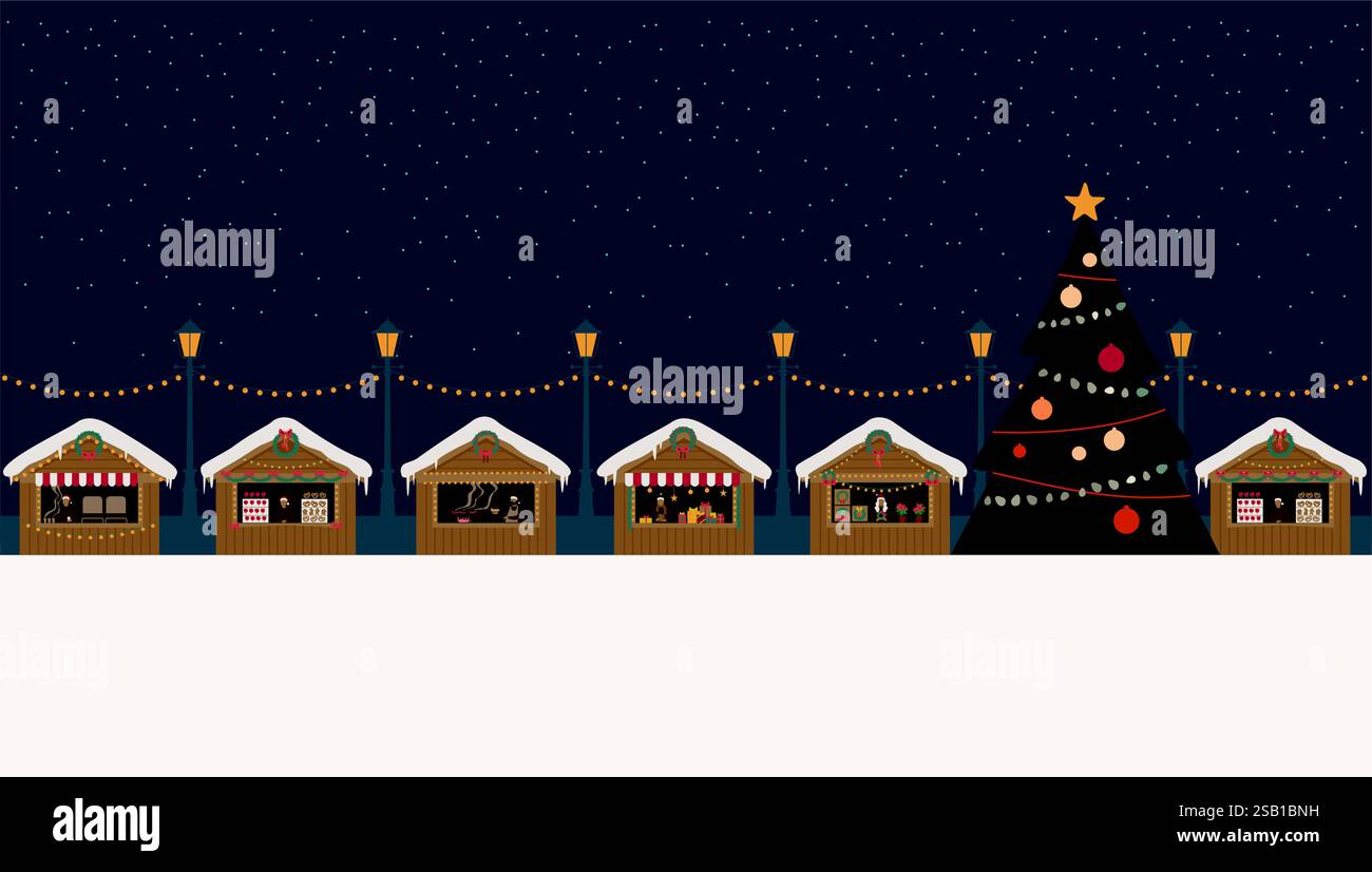 Mercatino di Natale di notte. Chioschi di articoli da regalo, cibo e bevande calde. Design di banner o poster con spazio di copia. Illustrazione vettoriale piatta Illustrazione Vettoriale