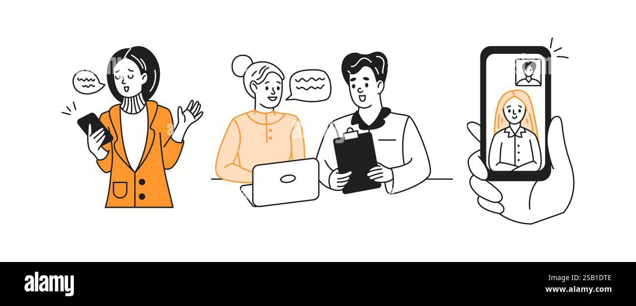 Impiegati impegnati in una raccolta di icone lineari a colori per la comunicazione basata sulla tecnologia. Aumentare la produttività dei personaggi doodle su bianco Illustrazione Vettoriale